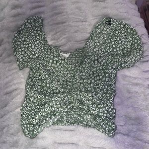 Green Flower-Print Scrunch-Up Blouse